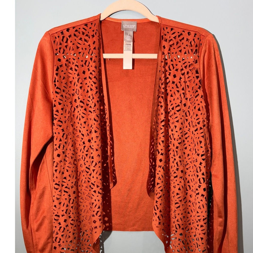 Chicos Burnt Orange Faux Suede Laser Cut Open Front Cardigan Jacket Size 1 M